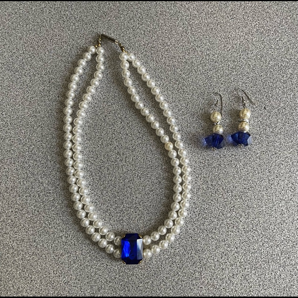 Vintage 80s Faux Pearls Blue Gem Necklace & Earrings
